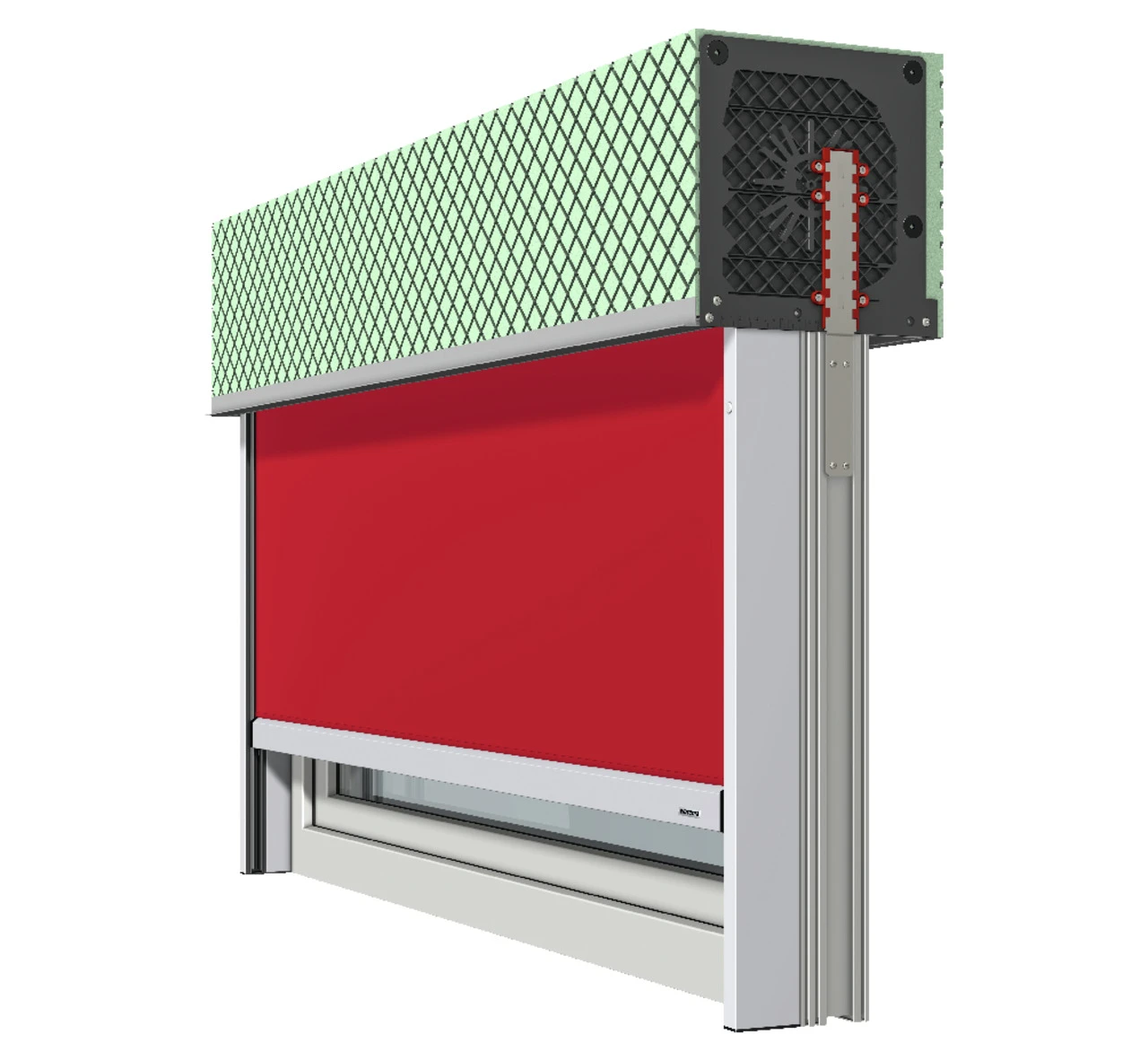 Diagramm einer roten Rollladenkassette mit Wärmedämmung