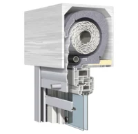 Querschnitt eines Rollladenkastens mit integriertem Fenster und Isolierung